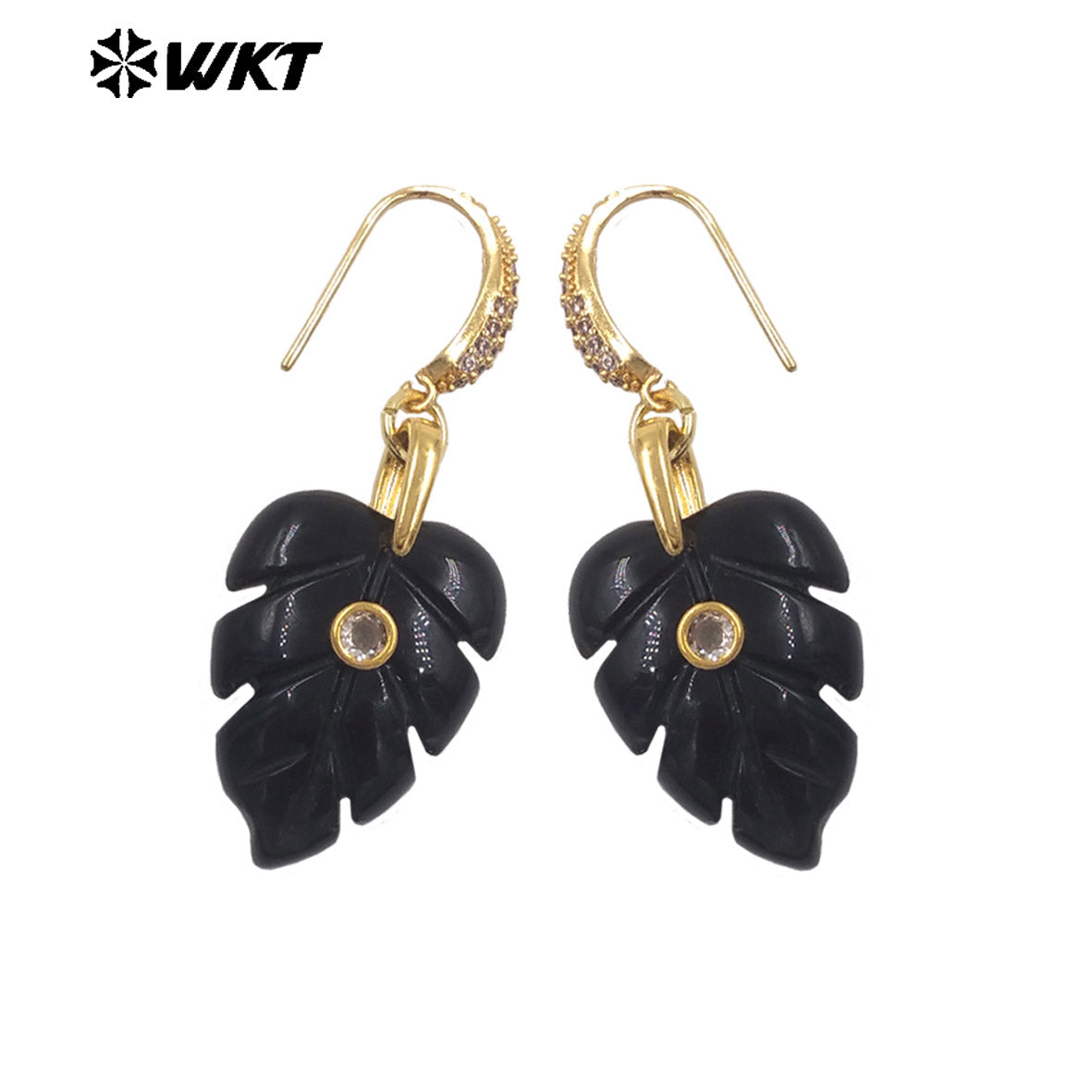 WT-E829 Wholesale Popular Zircon And Colorful Natural Gemstones Carved Leaf Shape Gold Earrings For Women Lovely Jewelry