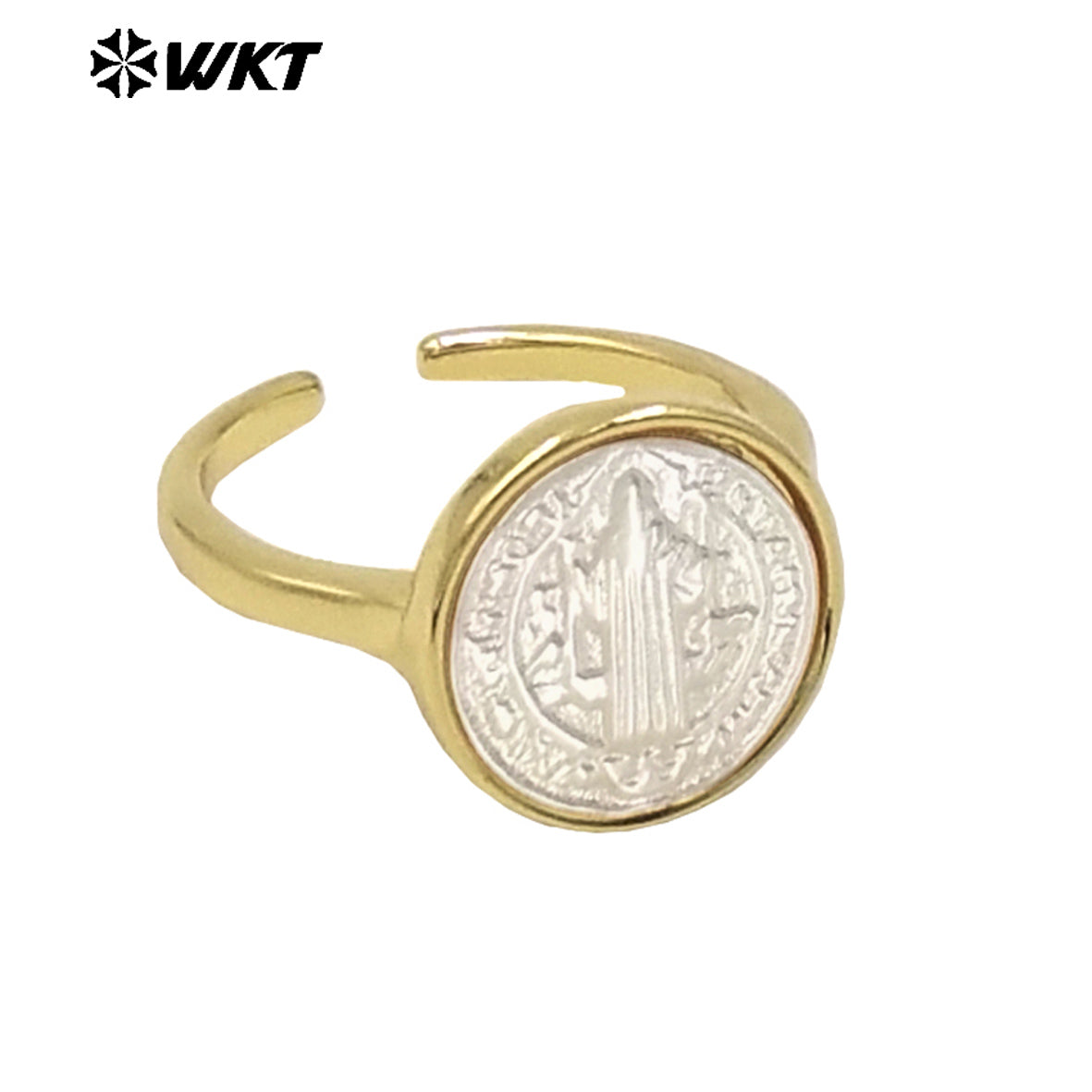 WT-MPR091 WKT New Religious Jewelry Design Elegant White Mop Carved Lady of Grace Saint Ring for Women