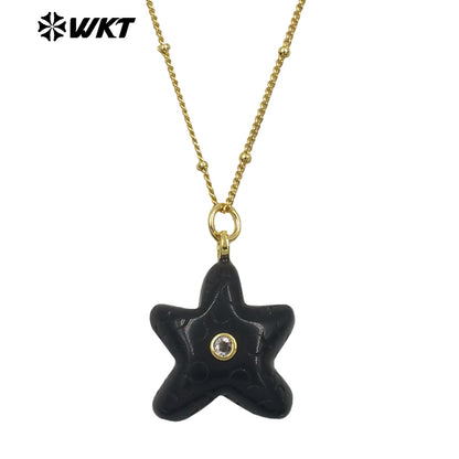 WT-N1532 Popular Trendy Gold Thin Chain With Starfish Shape Natural Gemstones Pendants Necklaces As Female Daily Decoration