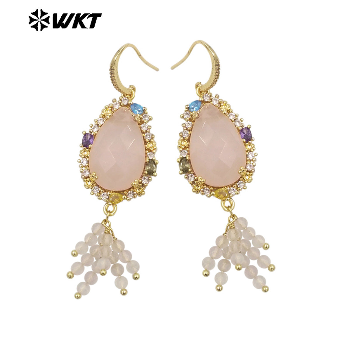 WT-ME107 WKT New Design Most Popular Handmade Wire Wrapped Tiny Beads Dangle Drop Stone Earring With Hoop Gold Party Studs