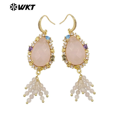 WT-ME107 WKT New Design Most Popular Handmade Wire Wrapped Tiny Beads Dangle Drop Stone Earring With Hoop Gold Party Studs