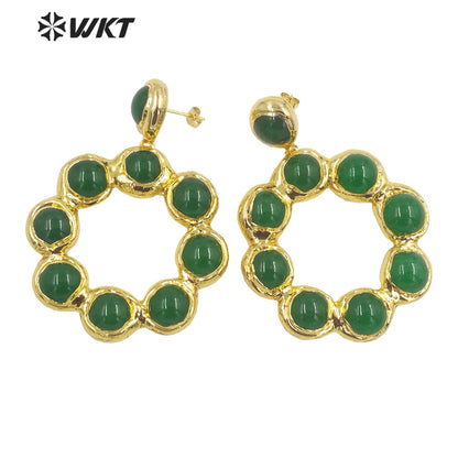 WT-MPE081 Wholesale Fashion Gold Electroplated Freshwater Pearl and Stone Round Ring Earrings Big Dangle Pendant Earrings