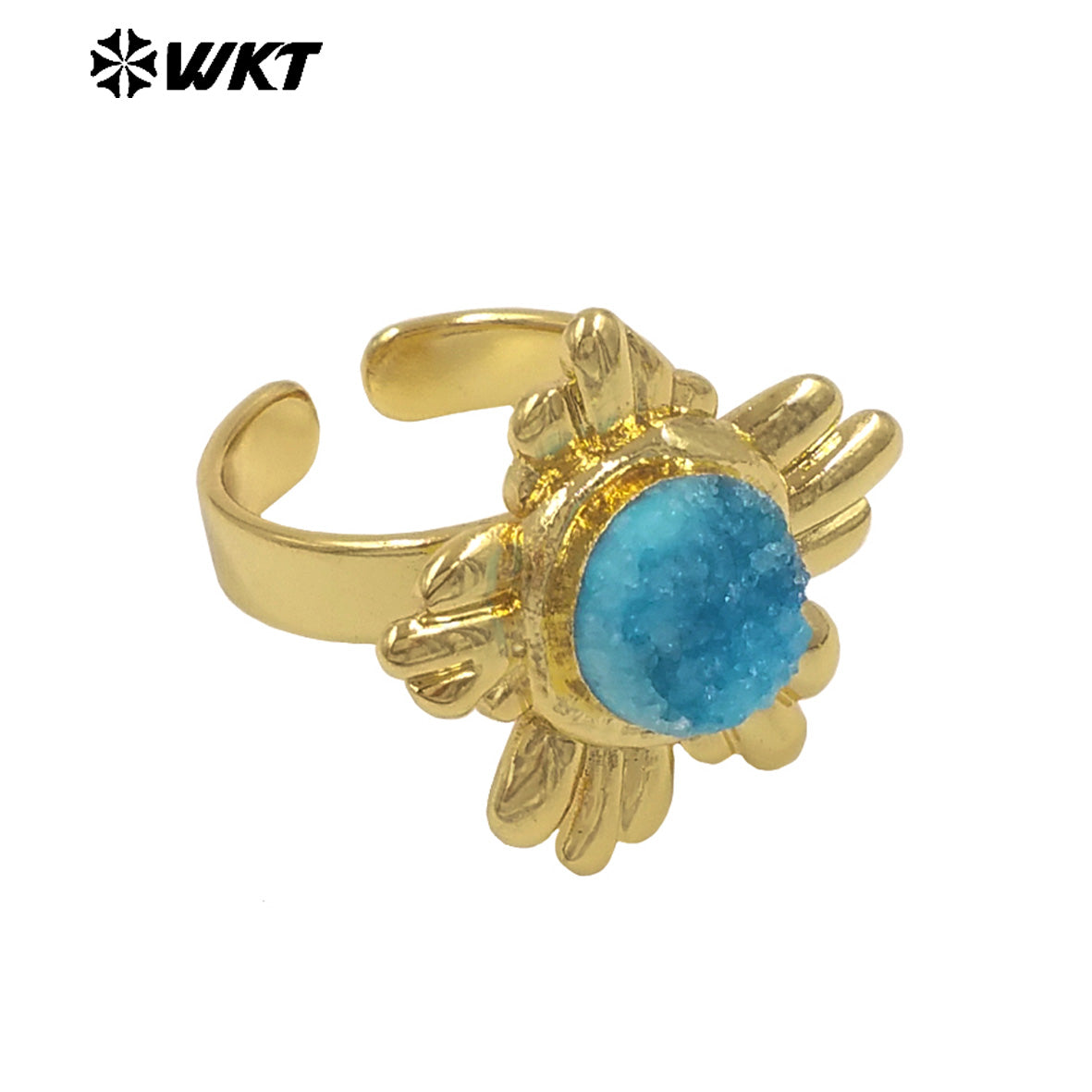 WT-R609 Beautiful Gold Plated Natural Druzy Quartz Stone Sun Flower Shape Women Rings For Party Trendy Wearing Accessory