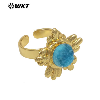 WT-R609 Beautiful Gold Plated Natural Druzy Quartz Stone Sun Flower Shape Women Rings For Party Trendy Wearing Accessory