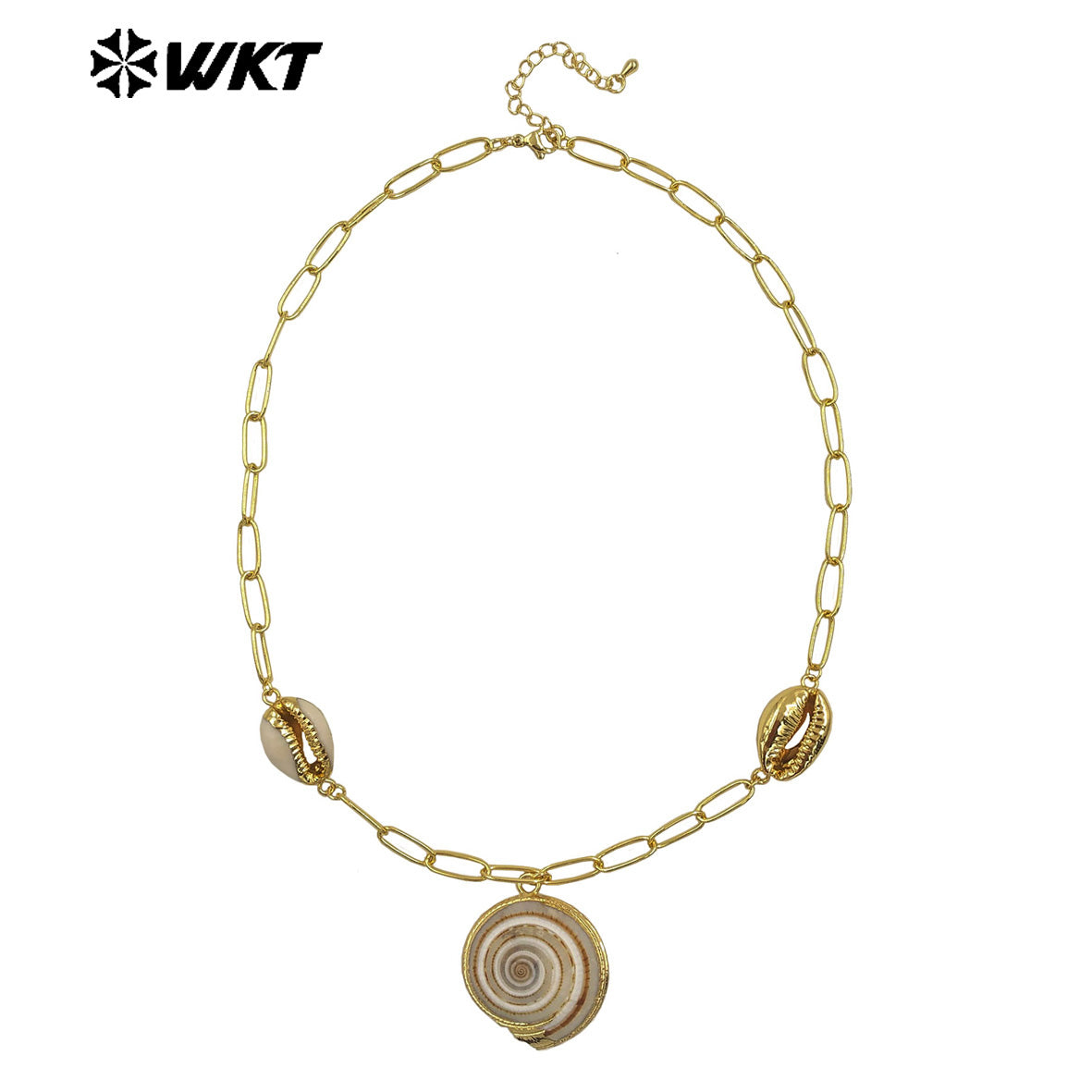 WT-JN318 Wonderful Design Natural Trumpet Shell Necklace One Big and Two Small Charms With Gold Plated Chain Women Jewelry