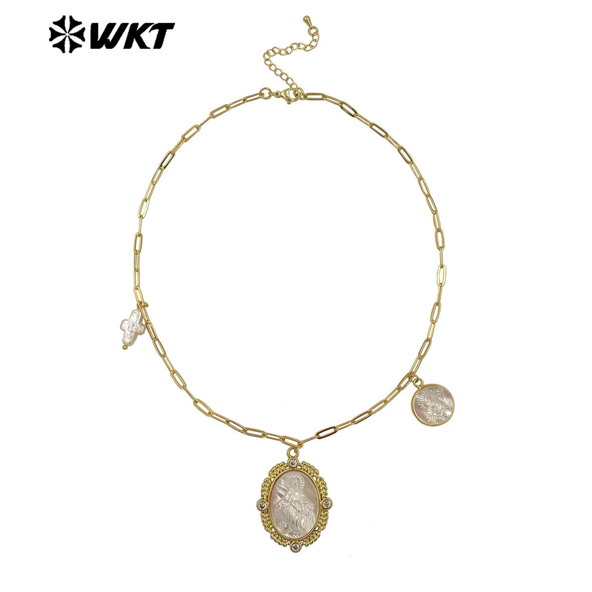 WT-JN322 Wholesale 18K Gold Electroplated Pearl Shell Pendant Necklace Hand Carved Virgin Mary Pattern Vintage Women Jewelry