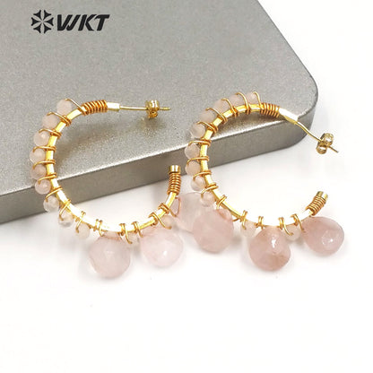 WT-E694 Wholesale Fashion Gold Plated C Shape Wire Wrapped Stone Earrings Attractive Teardrop Stone Crescent Moon Earrings