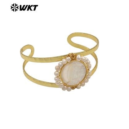 MPB132 Wholesale Religious Gold Plated Double Layers Hand Carved Shell And Pearl Adjustable Bangles As Ladies Party Present