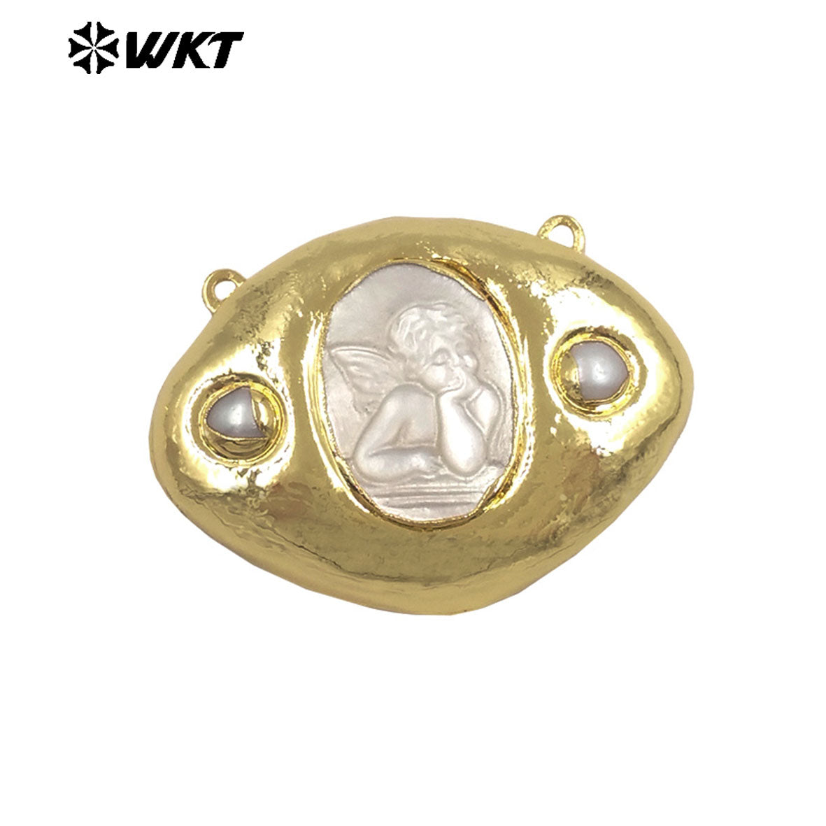 WT-PC020 Newest Gold Electroplated Mother Of Pearl Religious Patterns Charms Connector With Double Hoops For Necklace Handmade