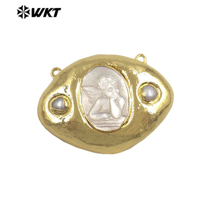 WT-PC020 Newest Gold Electroplated Mother Of Pearl Religious Patterns Charms Connector With Double Hoops For Necklace Handmade