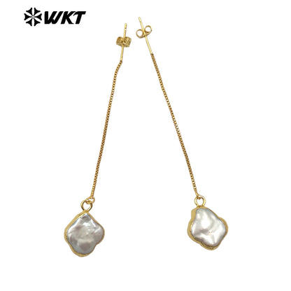 WT-MPE153 High Quality Natural Freshwater Pearl Long Earrings Gold Plated Double Design for Elegant Ladies Tiny Charm Jewelry