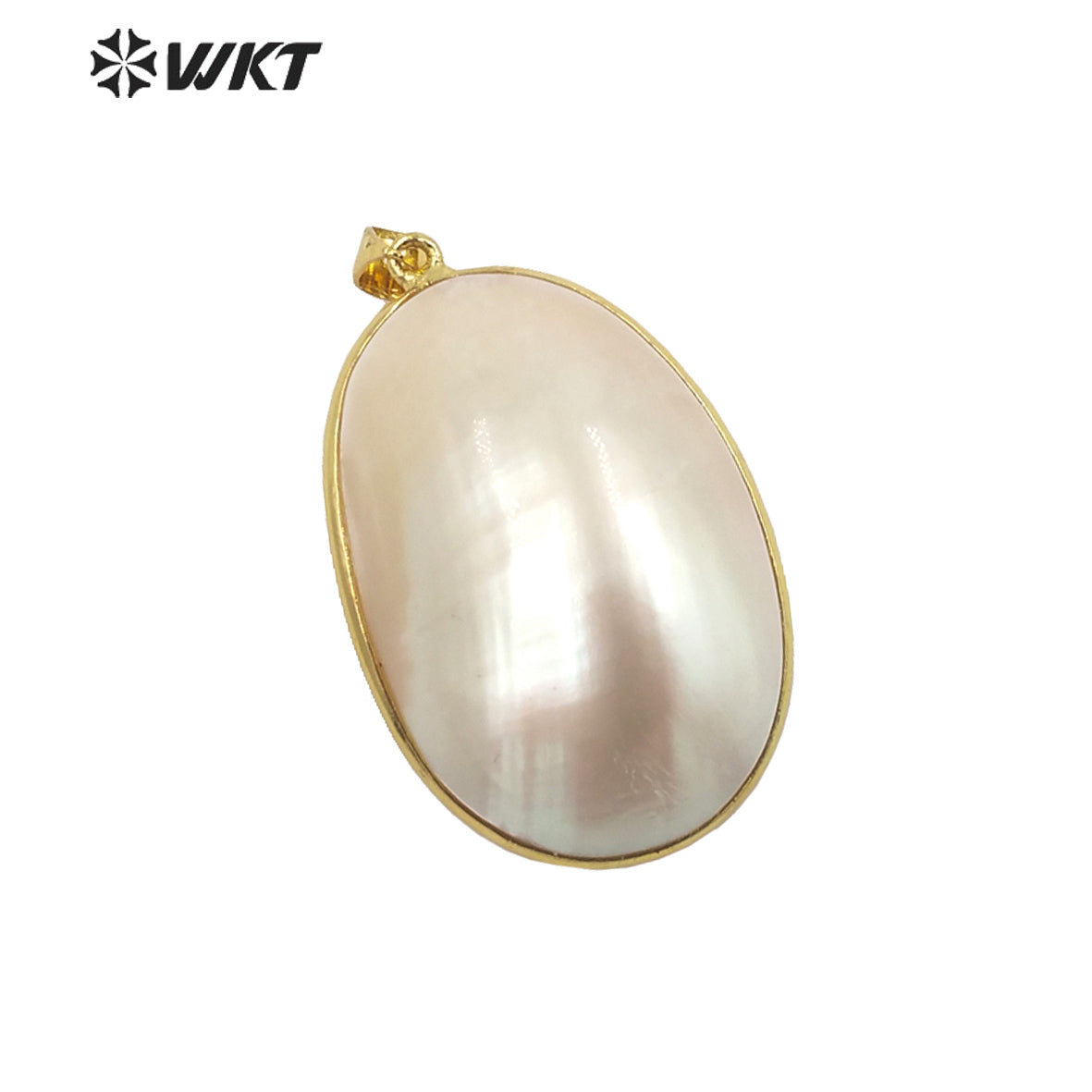 WT-JP338 Wholesale Fashion Gold Bezel Brightly Natural Mabe Shell Pendant Long Oval pink Shell Jewelry Pendant for Friend Gift