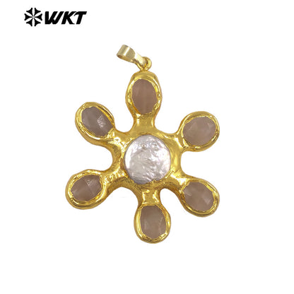 WT-JP473 Popular Fashion Gold Electroplated Natural Stones And Pearl Flower Shape Charm Pendants For Girls Birthday Gift