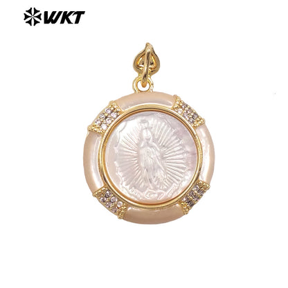 WT-JP428 Top Quality Gold Plated Round Shape Hand Carved Religious Style Little Mop Pendant For Women Necklace Design
