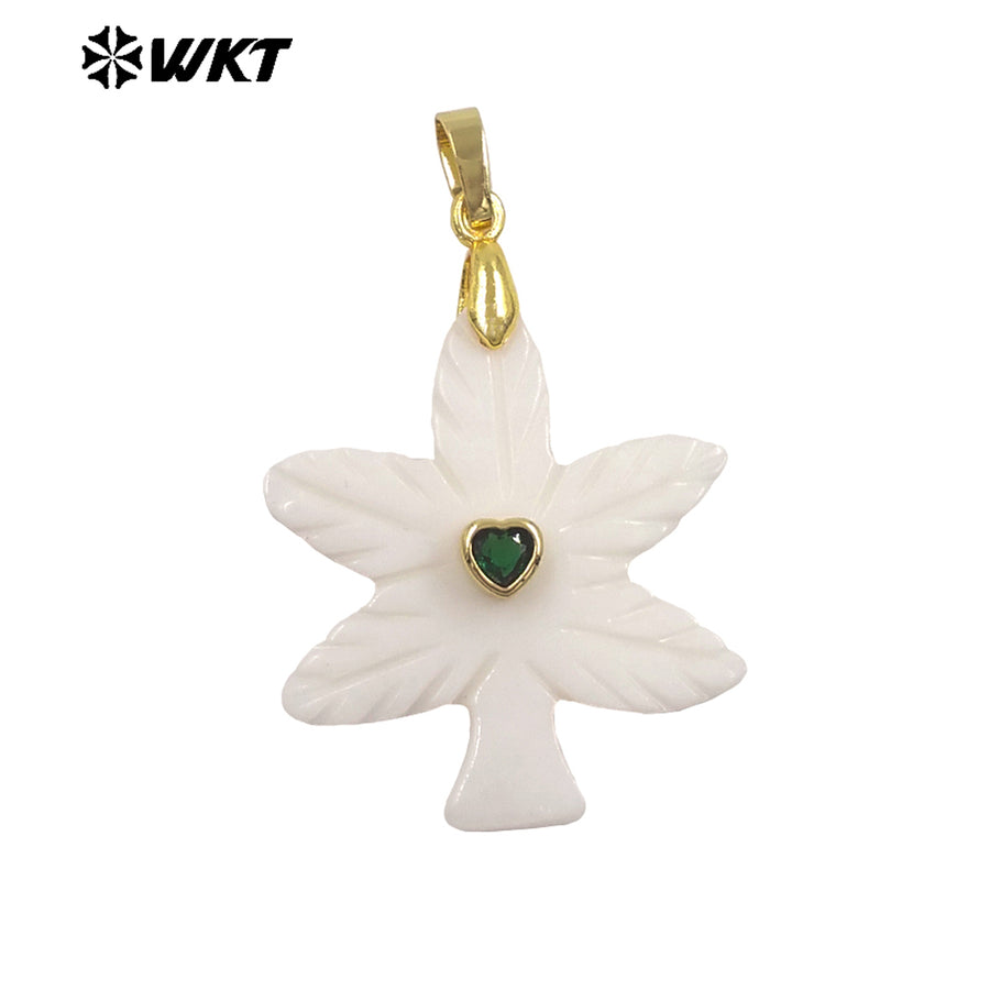WT-JP523 Factory Wholesale Heart Zircon And Natural White Shell Carved Tree Shape Pendant For Friends Jewelry Gift Making