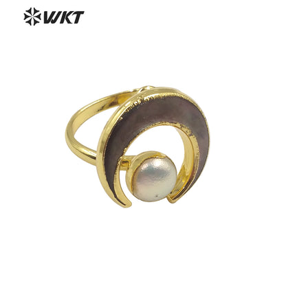 WT-R344 Unique Special Design Bohemian Crescent Shell Pearl Ring in 18k Gold Plated Women Fashion Pearl Ring