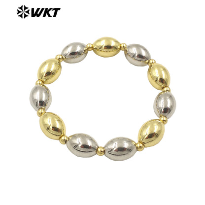 WT-JF348 Wholesale 18k Real Gold Plated Unique Steel and Gold Mixsure Bullet Brass Beads Stretch Bracelets