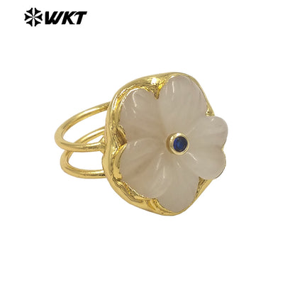 WT-R611 Exquisite Hot Sale Gold Plated Zircon And Natural Gemstones Carved Flower Shape Rings For Friends Birthday Jewelry Gift