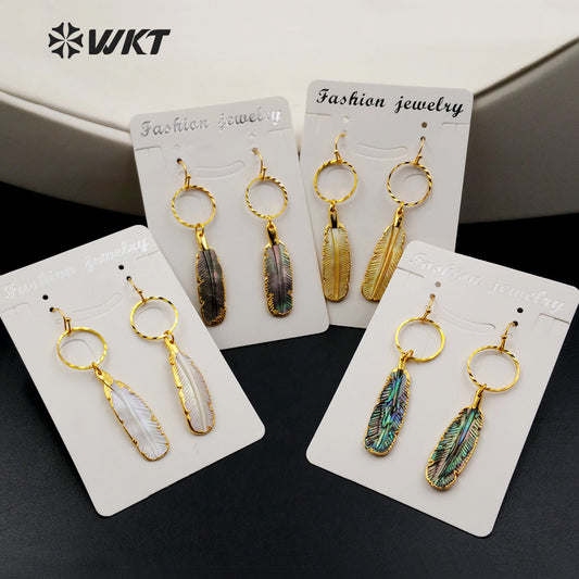 WT-E375 WKT Wholesale New Fashion Style Genuine Abalone Shell Earrings Feather Shape Shell Dangle Earrings