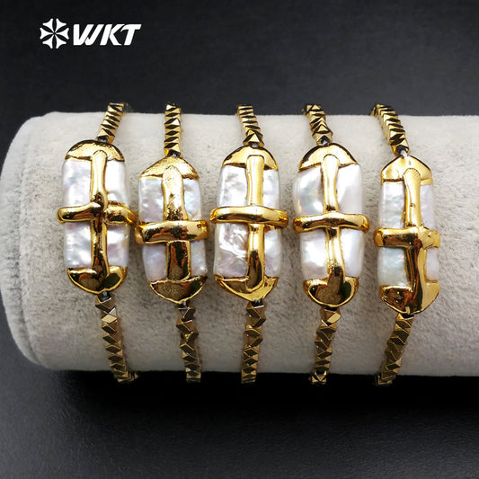 WT-B364 Wholesale Hot Sale Blingbling Hematite Beads Bracelet Natural Pearl With 24K Real Gold Cross Bracelet Generous Chic