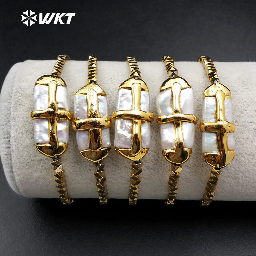 WT-B364 Wholesale Hot Sale Blingbling Hematite Beads Bracelet Natural Pearl With 24K Real Gold Cross Bracelet Generous Chic