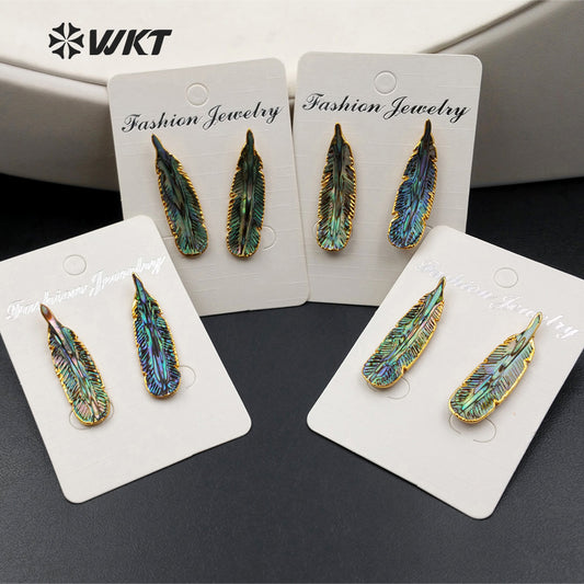 WT-E355 Amazing Hand Carved Natural Abalone Feather Studs Earrings, 24k Gold Trim Shell Feather Studs Earring