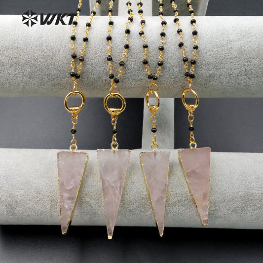 WT-N957 WKT Wholesale Hot Sale Natural Triangle Pink Quartz Necklace High Quality Crystal With Black Beads Chain for Gift