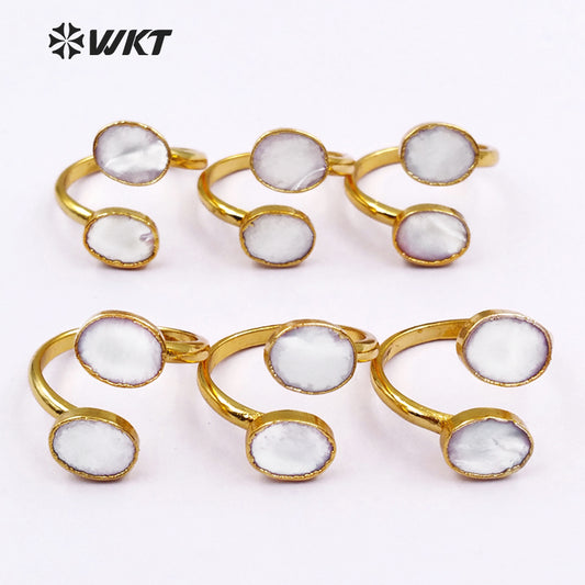 WT-R299 Exclusive Design Natural White Oval Shape Shell Rings, 18k Gold Electroplated Adjustable Double Shell Rings