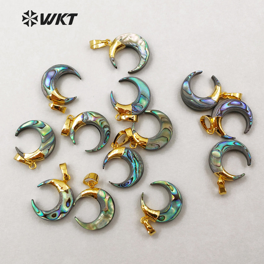 WT-P1131 WKT New Arrival Wholesale Unique Design Custom Multiple Natural Abalone Shell Moon Pendant Gold Loop Small Pendant