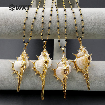WT-N958 WKT Wholesale Hot Sale Custom Natural Cowrie Long Pendant Necklace With Black Beads Rosary Chain ,Fashion Generous Gift