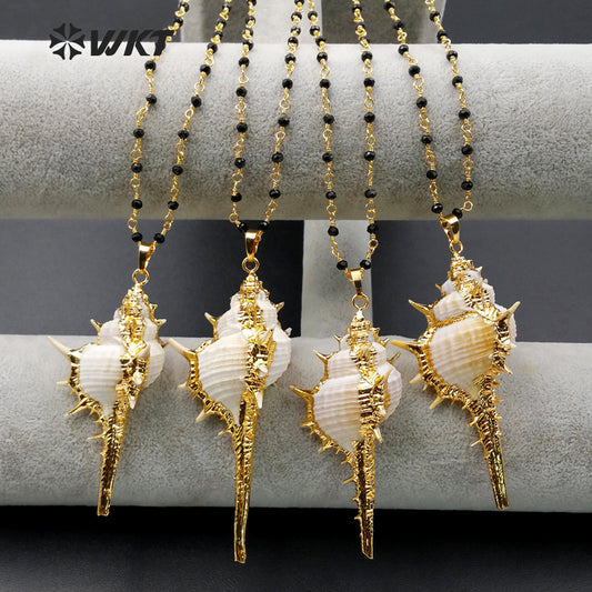 WT-N958 WKT Wholesale Hot Sale Custom Natural Cowrie Long Pendant Necklace With Black Beads Rosary Chain ,Fashion Generous Gift