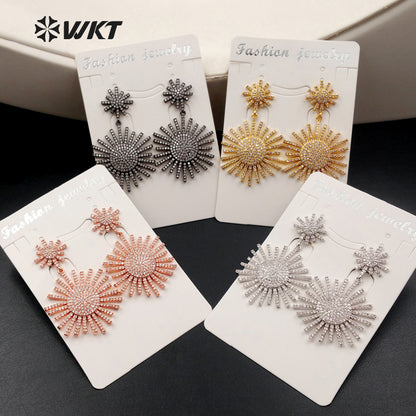 ME017 WKT New Fashion Cubic Zircon Jewelry Beautiful Sun Shape Micro Pave Dangle Earrings