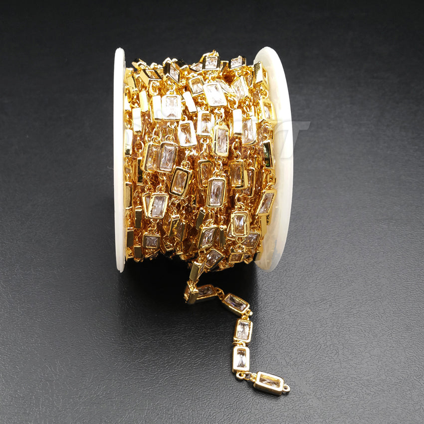 WT-BC088 Wholesale Hot Sale 24K Real Gold Plated Brass Chain With Shinning Generous Rectangular CZ for Necklace Bracelet