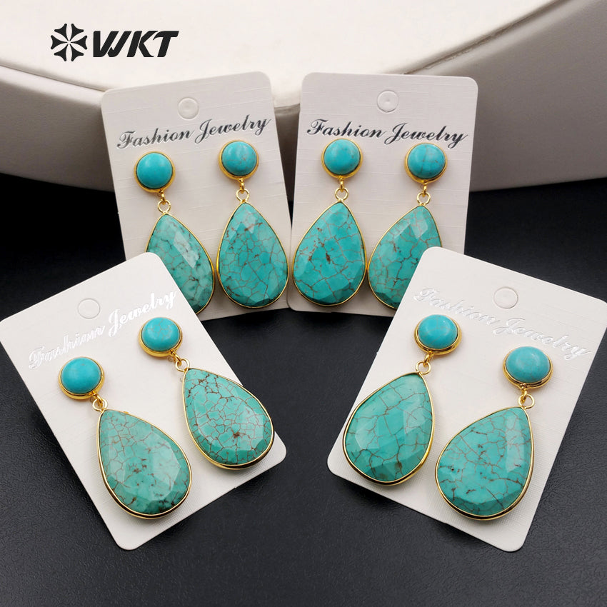 WT-E385 WKT Wholesale New Generous Real Gold Plated Dangle Earrings Teardrop Shape Green Turquoise Dangle Earrings