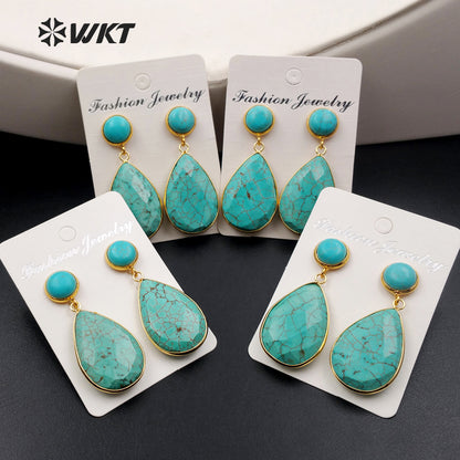 WT-E385 WKT Wholesale New Generous Real Gold Plated Dangle Earrings Teardrop Shape Green Turquoise Dangle Earrings