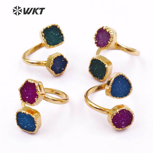 WT-R119 Adjustable Gold Stone Ring, Double Druzy Geode Ring, Druzy Jewelry Gold Plated Ring Two Stones Ring