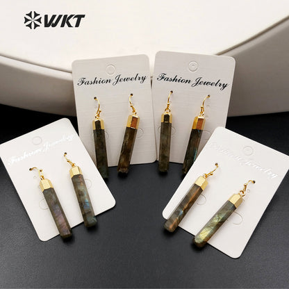 WT-E353 Wholesale Simple Stick Design Natural Labradorite Earrings, Raw Fashion Gold Terminated Stone Labradorite Earrings