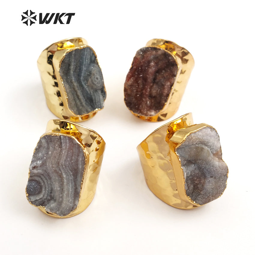 WT-R207 Wholesale Fashion Trendy Natural Druzy Stone Cigar Rings 24k Gold Electroplated Druzy Stone Rings