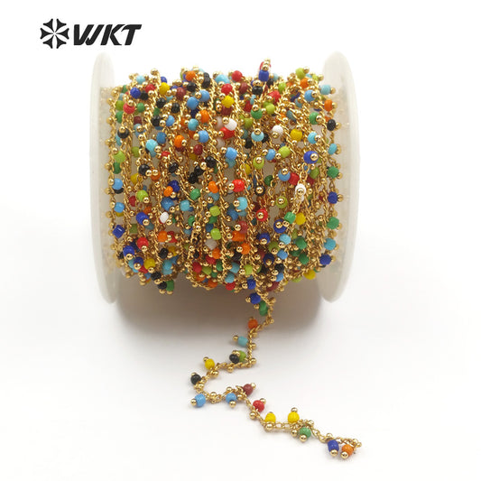 WT-RBC059 for Women Stylish Jewelry Multi Colors Random Bead in Gold or Silver Electroplated Wire Wrapped Tiny Bead Rosary Chain
