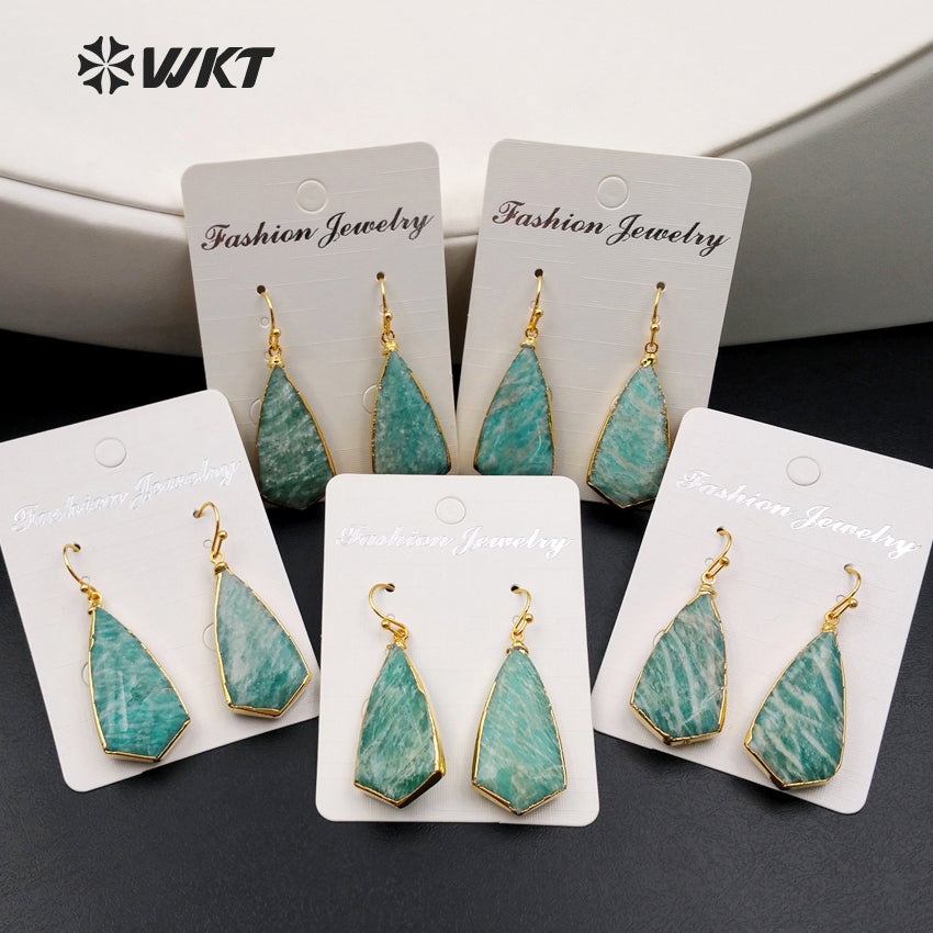 WT-E343 Wholesale New Arrival High Quality Earrings Natural Amazonit Stone Ocean Blue Natural Texture 15*30mm 24K Gold Plated