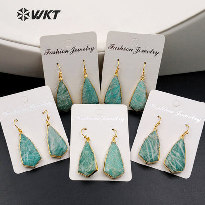 WT-E343 Wholesale New Arrival High Quality Earrings Natural Amazonit Stone Ocean Blue Natural Texture 15*30mm 24K Gold Plated