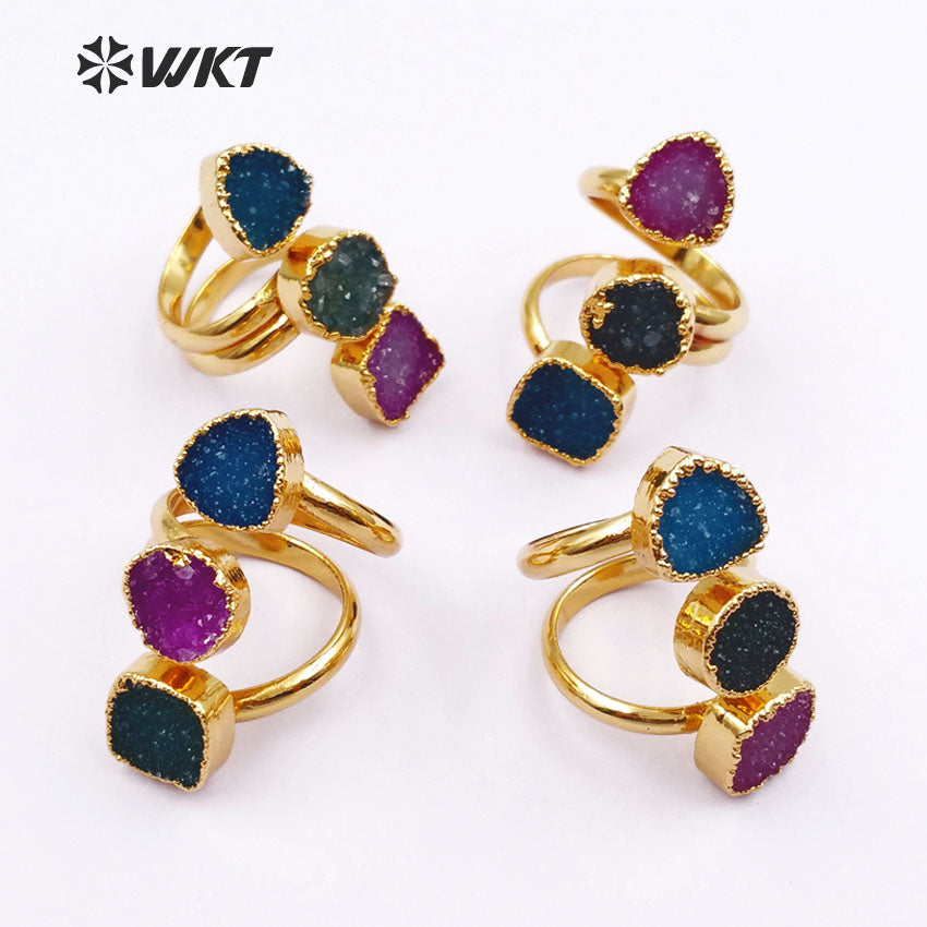 WT-R120 Wholesale Gorgeous Natural Triple Druzy Agate Ring, Geometric Shape 24k Gold Plated Triple Stone Druzy Ring