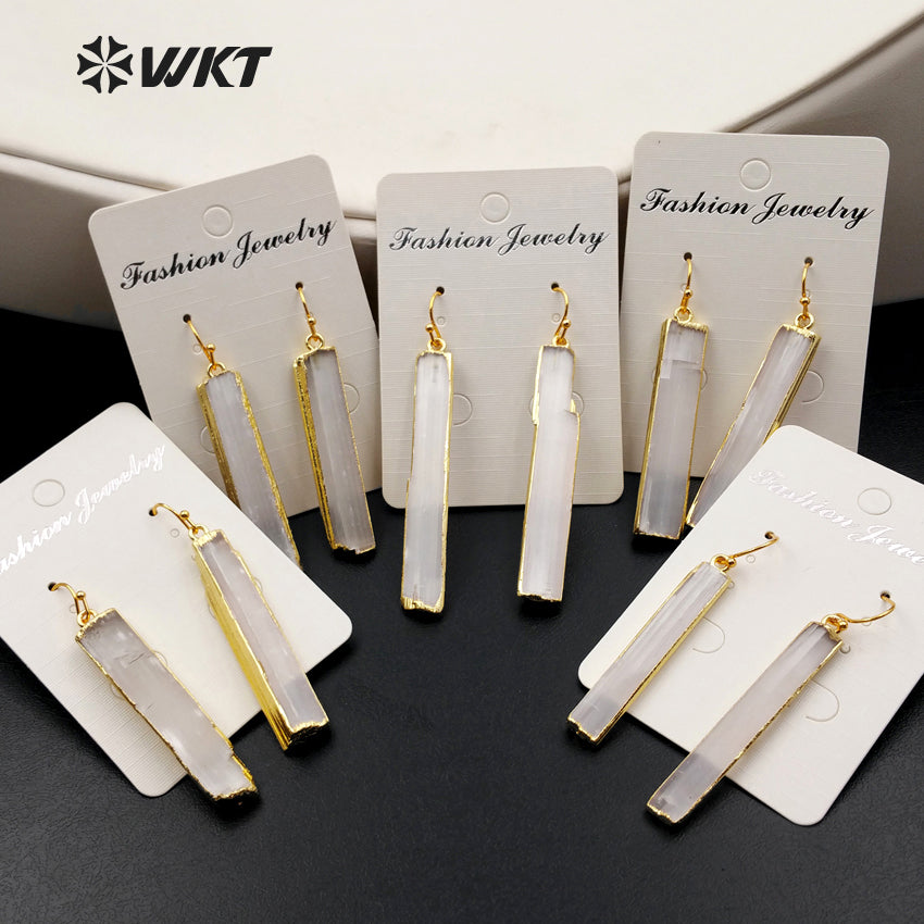 WT-E341 WholesaleTrendy Simple Design Natural Selenite bar Earrings Rectangular Shape Charm Generous Jewelry