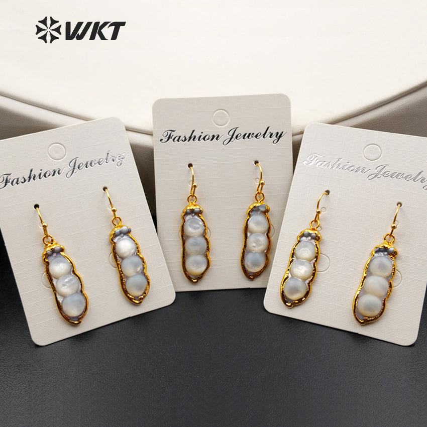 WT-E348 Wholesale New Arrival Natural Shell Earrings Shell Bean Bead 18K Real Gold Plated Special Lucky Bean Earrings