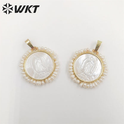 WT-JP256 New Design the God of Mother Virgen Maria Shell Pendant Fashion Gold Bezel White Round Amen Madrededios Pendants