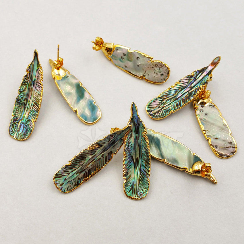 WT-E355 Amazing Hand Carved Natural Abalone Feather Studs Earrings, 24k Gold Trim Shell Feather Studs Earring