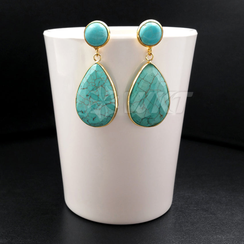 WT-E385 WKT Wholesale New Generous Real Gold Plated Dangle Earrings Teardrop Shape Green Turquoise Dangle Earrings