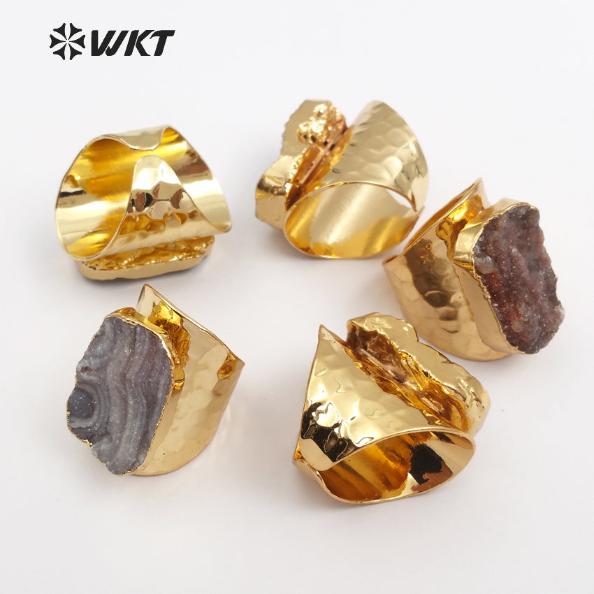 WT-R207 Wholesale Fashion Trendy Natural Druzy Stone Cigar Rings 24k Gold Electroplated Druzy Stone Rings