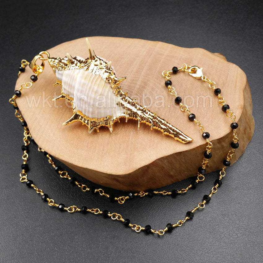 WT-N958 WKT Wholesale Hot Sale Custom Natural Cowrie Long Pendant Necklace With Black Beads Rosary Chain ,Fashion Generous Gift