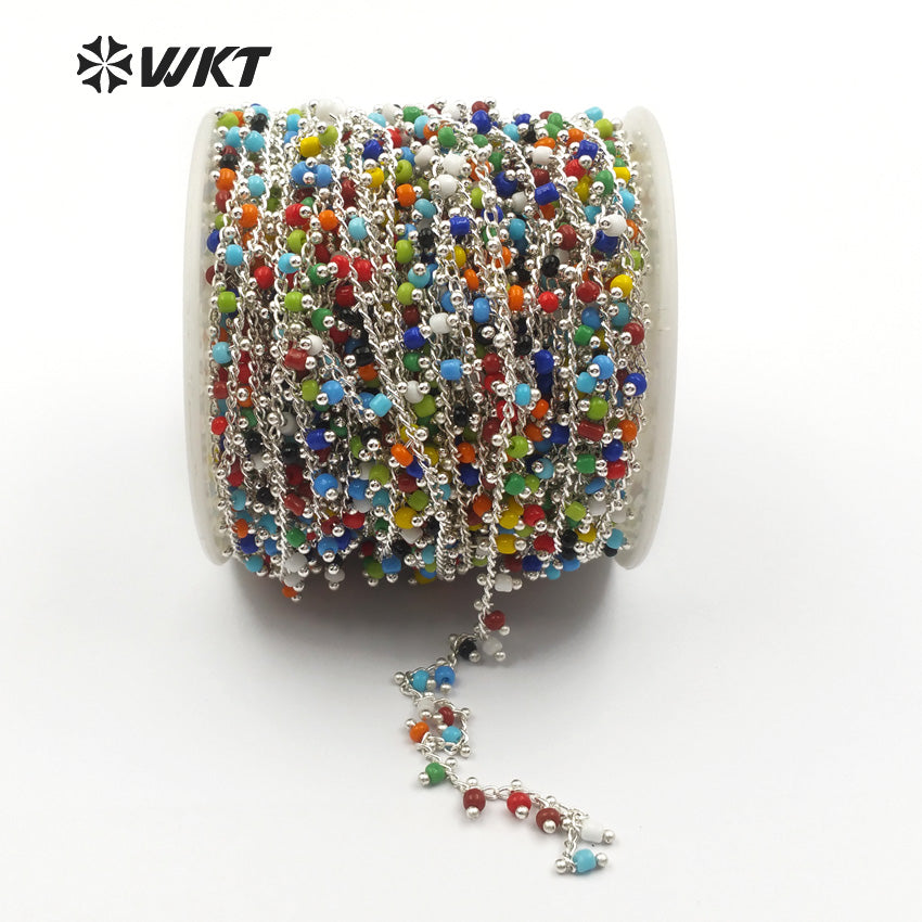 WT-RBC059 for Women Stylish Jewelry Multi Colors Random Bead in Gold or Silver Electroplated Wire Wrapped Tiny Bead Rosary Chain